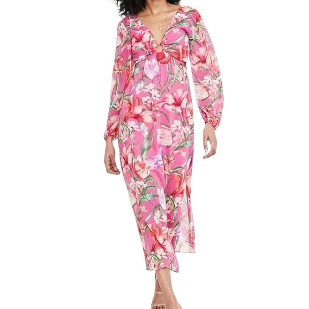 Sienna Women Dress Floral Print Cutout O-Ring Midi Long‎ Sleeve Pink Multi 6